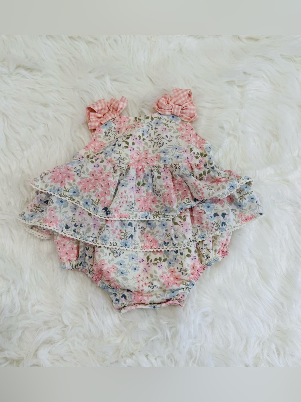 Katherine Malandrino Baby Girl Floral Ruffle Romper Pink Bow 0-3 Months